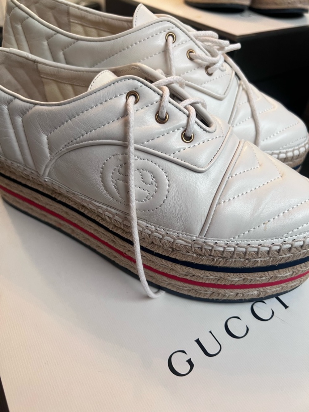 Gucci White Leather Platform Espadrille with Red & Blue Stripe